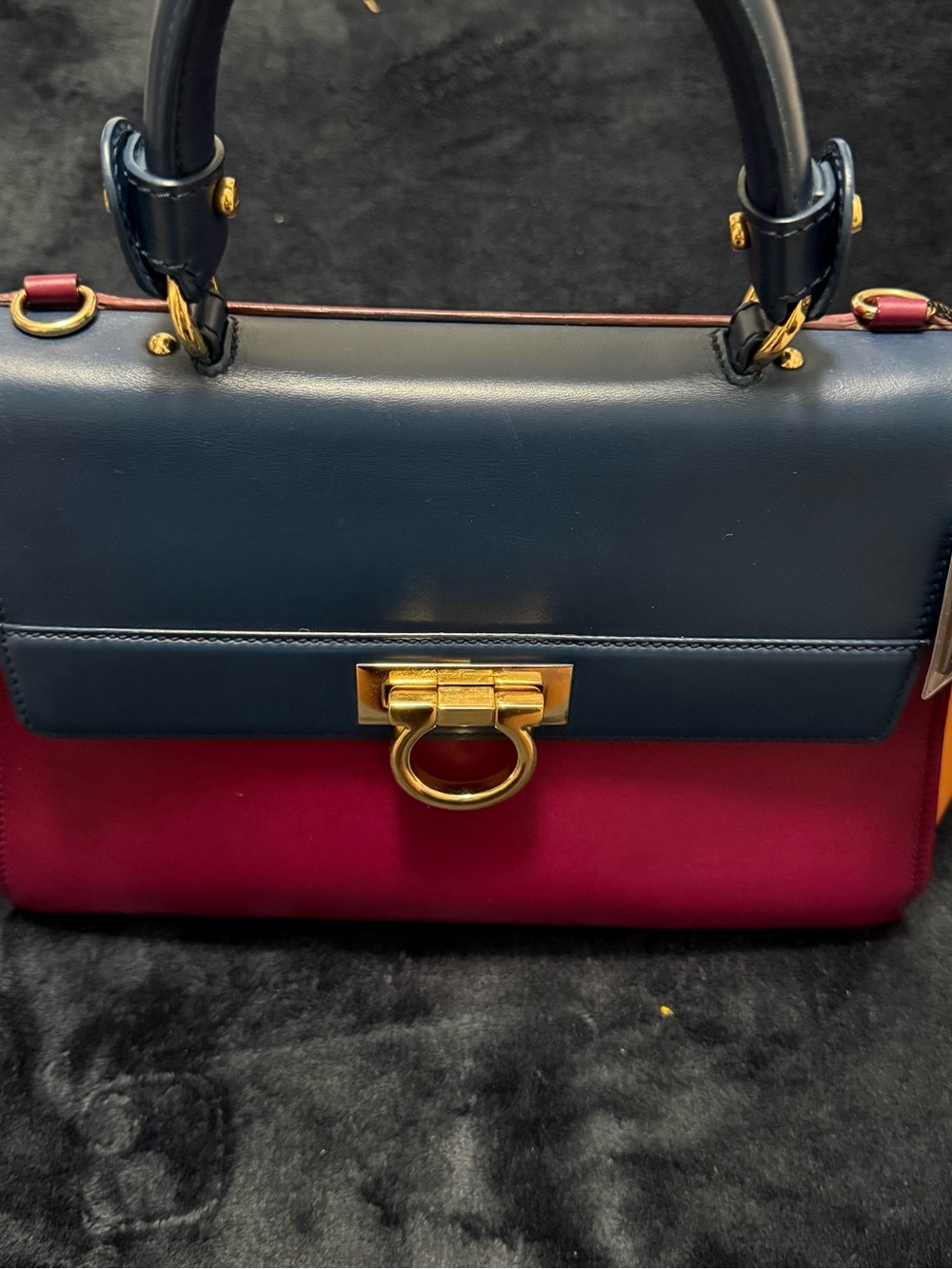 Salvatore Ferragamo Navy and Burgundy Top-Handle Satchel with Gold Ring Lock